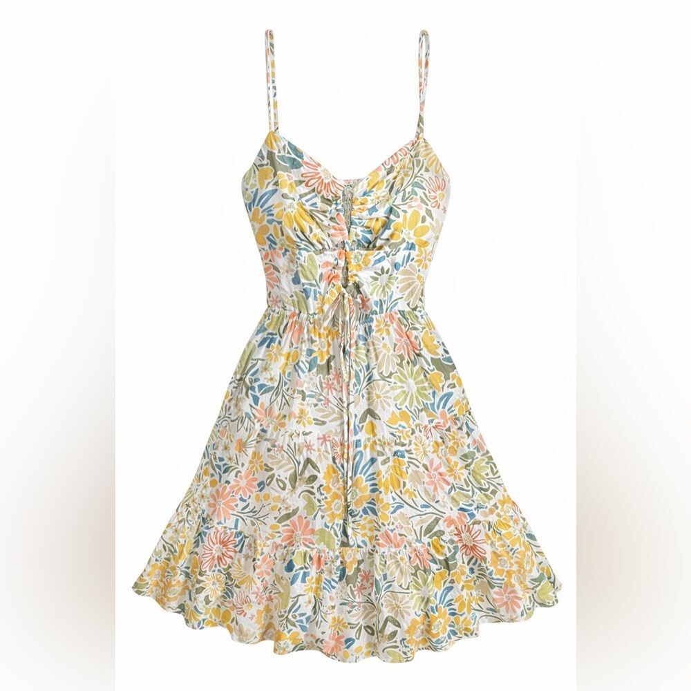 Illa Illa Floral Cutout Tie Front Mini Dress Cream Women’s XS Cottagecore Boho